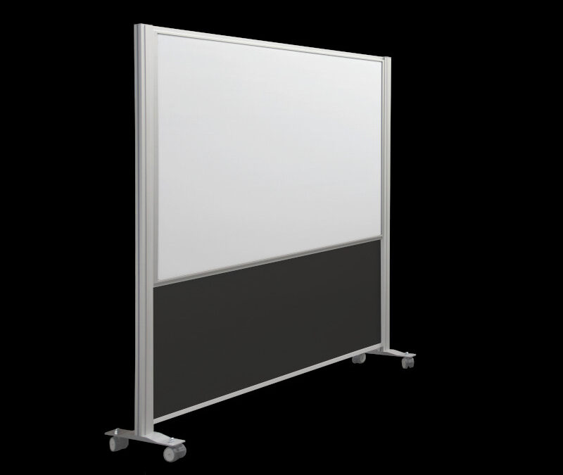 Whiteboardwand HxB202x190cm 2-zijdig met onderpaneel op wielen zijaanzicht